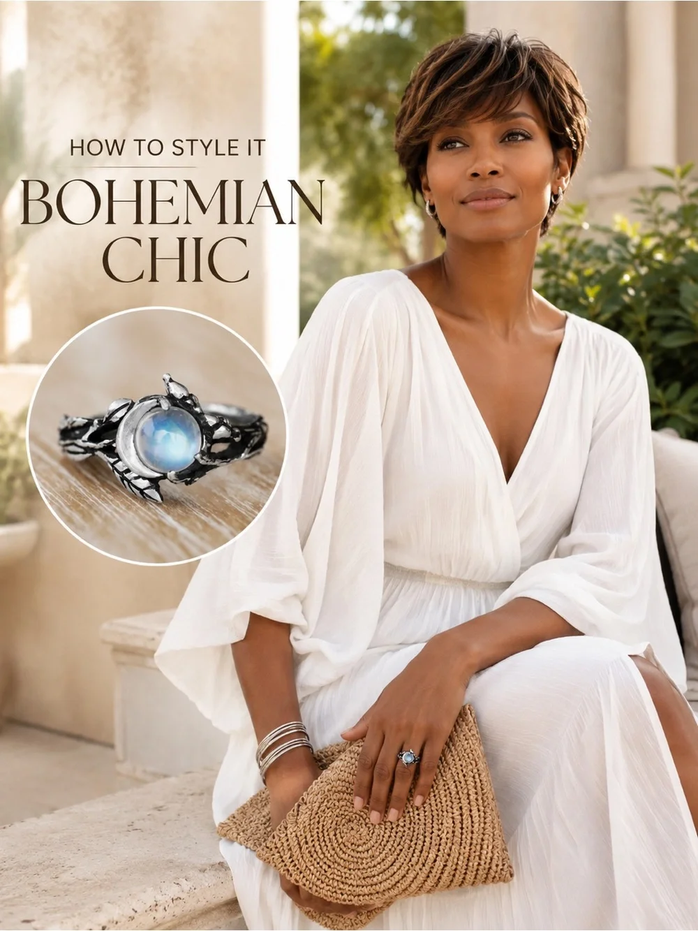 “Blue Moonstone-Look Cabochon Crescent Moon Leaf Ring”